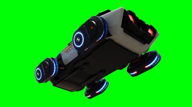 Gelecekçi siber polis uçan araba. Araba gövdesinde gerçekçi dinamik yansımalar. Yeşil ekran izole edildi. 3d oluşturma