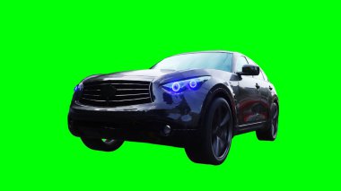 Lüks siyah spor jip, hızlı giden bir araba. Araba gövdesinde gerçekçi dinamik yansımalar. Yeşil ekran izole edildi. 3d oluşturma