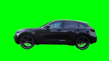Lüks siyah spor jip, hızlı giden bir araba. Araba gövdesinde gerçekçi dinamik yansımalar. Yeşil ekran izole edildi. 3d oluşturma