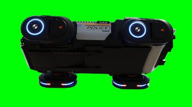 Gelecekçi siber polis uçan araba. Araba gövdesinde gerçekçi dinamik yansımalar. Yeşil ekran izole edildi. 3d oluşturma