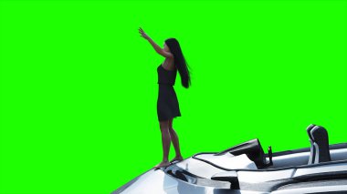Uçan fütüristik araba ve rüzgarda savrulan saçları olan bir kadın. Araba gövdesinde gerçekçi dinamik yansımalar. Yeşil ekran izole edildi. 3d oluşturma