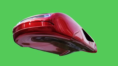 Geleceğin uçan kırmızı arabası. Araba gövdesinde gerçekçi dinamik yansımalar. Yeşil ekran izole edildi. 3d oluşturma