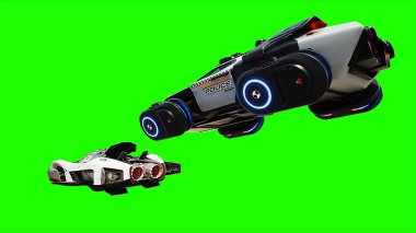 Gelecekçi siber polis uçan araba. Araba gövdesinde gerçekçi dinamik yansımalar. Yeşil ekran izole edildi. 3d oluşturma