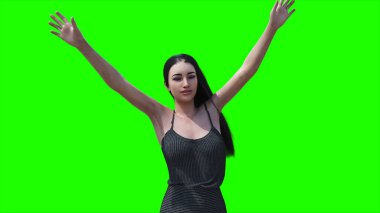 Rüzgarda savrulan saçları olan bir kadın. Gerçekçi dinamik. Yeşil ekran izole edildi. 3d oluşturma