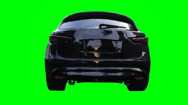 Lüks siyah spor jip, hızlı giden bir araba. Araba gövdesinde gerçekçi dinamik yansımalar. Yeşil ekran izole edildi. 3d oluşturma