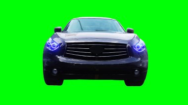 Lüks siyah spor jip, hızlı giden bir araba. Araba gövdesinde gerçekçi dinamik yansımalar. Yeşil ekran izole edildi. 3d oluşturma