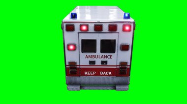Ambulans yeşil ekran izole edildi. Gerçekçi yanıp sönen ışıklar. 3d oluşturma