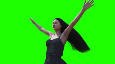 Rüzgarda savrulan saçları olan bir kadın. Gerçekçi dinamik. Yeşil ekran izole edildi. 3d oluşturma