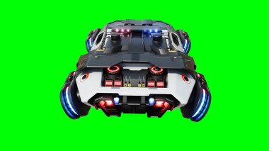 Gelecekçi siber polis uçan araba. Araba gövdesinde gerçekçi dinamik yansımalar. Yeşil ekran izole edildi. 3d oluşturma