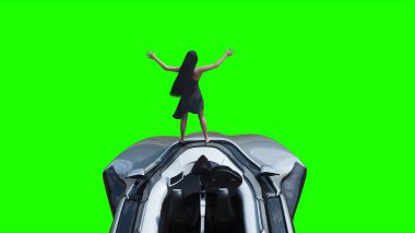 Uçan fütüristik araba ve rüzgarda savrulan saçları olan bir kadın. Araba gövdesinde gerçekçi dinamik yansımalar. Yeşil ekran izole edildi. 3d oluşturma
