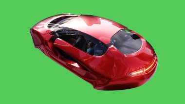 Geleceğin uçan kırmızı arabası. Araba gövdesinde gerçekçi dinamik yansımalar. Yeşil ekran izole edildi. 3d oluşturma