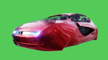 Geleceğin uçan kırmızı arabası. Araba gövdesinde gerçekçi dinamik yansımalar. Yeşil ekran izole edildi. 3d oluşturma