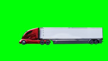 Elektrik fütüristik kırmızı kargo kamyonu hızlı gidiyor. Araba gövdesinde gerçekçi dinamik yansımalar. Yeşil ekran izole edildi. 3d oluşturma