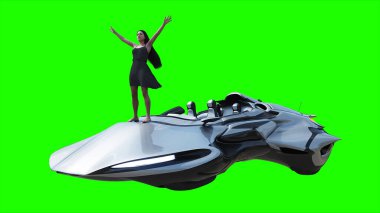Uçan fütüristik araba ve rüzgarda savrulan saçları olan bir kadın. Araba gövdesinde gerçekçi dinamik yansımalar. Yeşil ekran izole edildi. 3d oluşturma