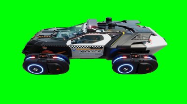 Gelecekçi siber polis uçan araba. Araba gövdesinde gerçekçi dinamik yansımalar. Yeşil ekran izole edildi. 3d oluşturma