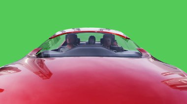 Geleceğin uçan kırmızı arabası. Araba gövdesinde gerçekçi dinamik yansımalar. Yeşil ekran izole edildi. 3d oluşturma
