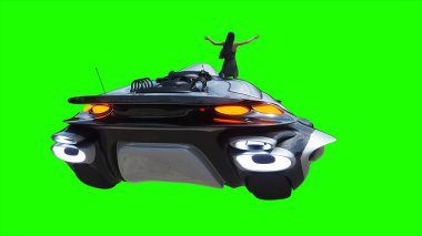 Uçan fütüristik araba ve rüzgarda savrulan saçları olan bir kadın. Araba gövdesinde gerçekçi dinamik yansımalar. Yeşil ekran izole edildi. 3d oluşturma