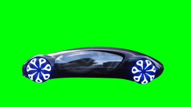 Geleceği parlak, hızlı giden siyah bir araba. Araba gövdesinde gerçekçi dinamik yansımalar. Yeşil ekran izole edildi. 3d oluşturma