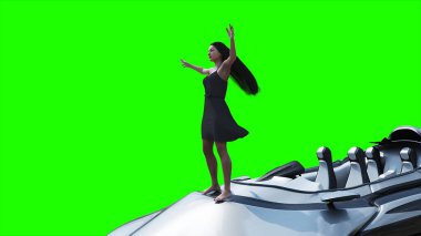 Uçan fütüristik araba ve rüzgarda savrulan saçları olan bir kadın. Araba gövdesinde gerçekçi dinamik yansımalar. Yeşil ekran izole edildi. 3d oluşturma