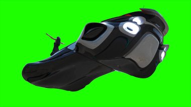 Uçan fütüristik araba ve rüzgarda savrulan saçları olan bir kadın. Araba gövdesinde gerçekçi dinamik yansımalar. Yeşil ekran izole edildi. 3d oluşturma