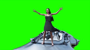 Uçan fütüristik araba ve rüzgarda savrulan saçları olan bir kadın. Araba gövdesinde gerçekçi dinamik yansımalar. Yeşil ekran izole edildi. 3d oluşturma