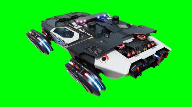 Gelecekçi siber polis uçan araba. Araba gövdesinde gerçekçi dinamik yansımalar. Yeşil ekran izole edildi. 3d oluşturma