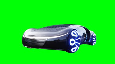 Geleceği parlak, hızlı giden siyah bir araba. Araba gövdesinde gerçekçi dinamik yansımalar. Yeşil ekran izole edildi. 3d oluşturma