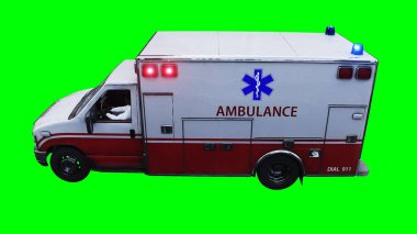 Ambulans yeşil ekran izole edildi. Gerçekçi yanıp sönen ışıklar. 3d oluşturma
