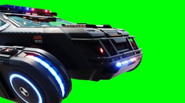 Gelecekçi siber polis uçan araba. Araba gövdesinde gerçekçi dinamik yansımalar. Yeşil ekran izole edildi. 3d oluşturma