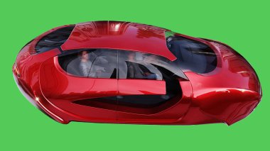 Geleceğin uçan kırmızı arabası. Araba gövdesinde gerçekçi dinamik yansımalar. Yeşil ekran izole edildi. 3d oluşturma