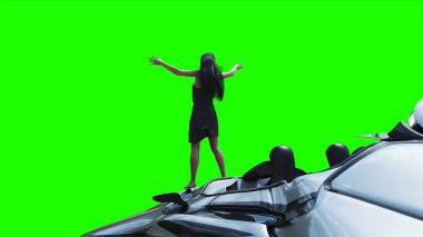 Uçan fütüristik araba ve rüzgarda savrulan saçları olan bir kadın. Araba gövdesinde gerçekçi dinamik yansımalar. Yeşil ekran izole edildi. 3d oluşturma