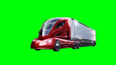 Elektrik fütüristik kırmızı kargo kamyonu hızlı gidiyor. Araba gövdesinde gerçekçi dinamik yansımalar. Yeşil ekran izole edildi. 3d oluşturma