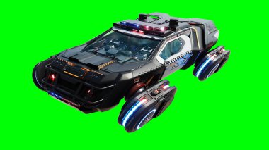 Gelecekçi siber polis uçan araba. Araba gövdesinde gerçekçi dinamik yansımalar. Yeşil ekran izole edildi. 3d oluşturma