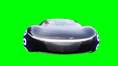 Geleceği parlak, hızlı giden siyah bir araba. Araba gövdesinde gerçekçi dinamik yansımalar. Yeşil ekran izole edildi. 3d oluşturma
