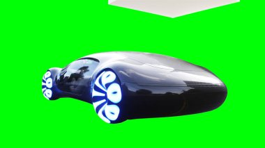 Geleceği parlak, hızlı giden siyah bir araba. Araba gövdesinde gerçekçi dinamik yansımalar. Yeşil ekran izole edildi. 3d oluşturma