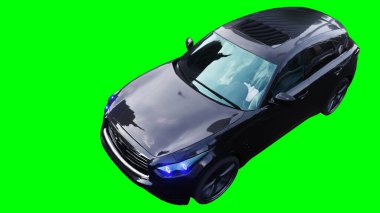 Lüks siyah spor jip, hızlı giden bir araba. Araba gövdesinde gerçekçi dinamik yansımalar. Yeşil ekran izole edildi. 3d oluşturma