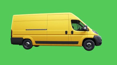 Sarı teslimat arabası hızlı gidiyor. Araba gövdesinde gerçekçi dinamik yansımalar. Yeşil ekran izole edildi. 3d oluşturma