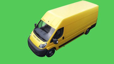 Sarı teslimat arabası hızlı gidiyor. Araba gövdesinde gerçekçi dinamik yansımalar. Yeşil ekran izole edildi. 3d oluşturma