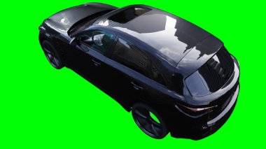Lüks siyah spor jip, hızlı giden bir araba. Araba gövdesinde gerçekçi dinamik yansımalar. Yeşil ekran izole edildi. 3d oluşturma
