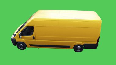 Sarı teslimat arabası hızlı gidiyor. Araba gövdesinde gerçekçi dinamik yansımalar. Yeşil ekran izole edildi. 3d oluşturma