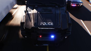 Bir SWAT polisi şehir caddesinde hızlı sürüyor. 3d oluşturma