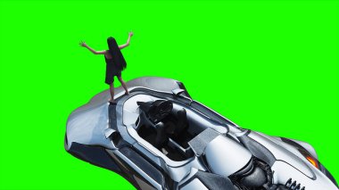 Uçan fütüristik araba ve rüzgarda savrulan saçları olan bir kadın. Araba gövdesinde gerçekçi dinamik yansımalar. Yeşil ekran izole edildi. 3d oluşturma
