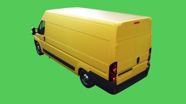 Sarı teslimat arabası hızlı gidiyor. Araba gövdesinde gerçekçi dinamik yansımalar. Yeşil ekran izole edildi. 3d oluşturma