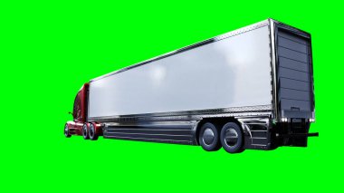 Elektrik fütüristik kırmızı kargo kamyonu hızlı gidiyor. Araba gövdesinde gerçekçi dinamik yansımalar. Yeşil ekran izole edildi. 3d oluşturma
