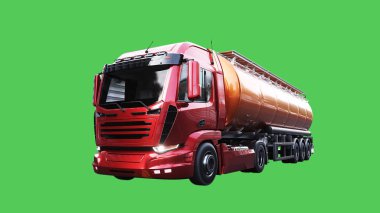 Petrol kamyonu hızlı gidiyor. Araba gövdesinde gerçekçi dinamik yansımalar. Yeşil ekran izole edildi. 3d oluşturma