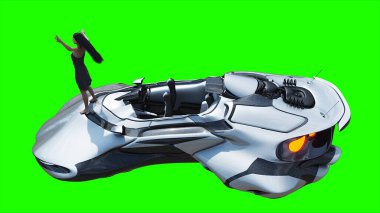 Uçan fütüristik araba ve rüzgarda savrulan saçları olan bir kadın. Araba gövdesinde gerçekçi dinamik yansımalar. Yeşil ekran izole edildi. 3d oluşturma