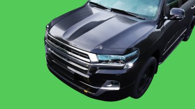 Lüks siyah spor jip, hızlı giden bir araba. Araba gövdesinde gerçekçi dinamik yansımalar. Yeşil ekran izole edildi. 3d oluşturma
