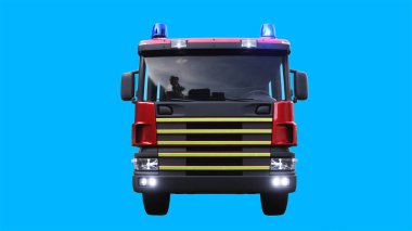 İtfaiye aracı hızlı gidiyor. Arabanın gövdesinde gerçekçi dinamik yansımalar var.