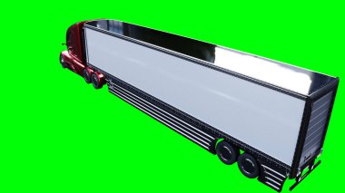 Elektrik fütüristik kırmızı kargo kamyonu hızlı gidiyor. Araba gövdesinde gerçekçi dinamik yansımalar. Yeşil ekran izole edildi. 3d oluşturma