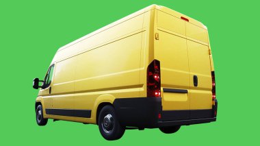 Sarı teslimat arabası hızlı gidiyor. Araba gövdesinde gerçekçi dinamik yansımalar. Yeşil ekran izole edildi. 3d oluşturma